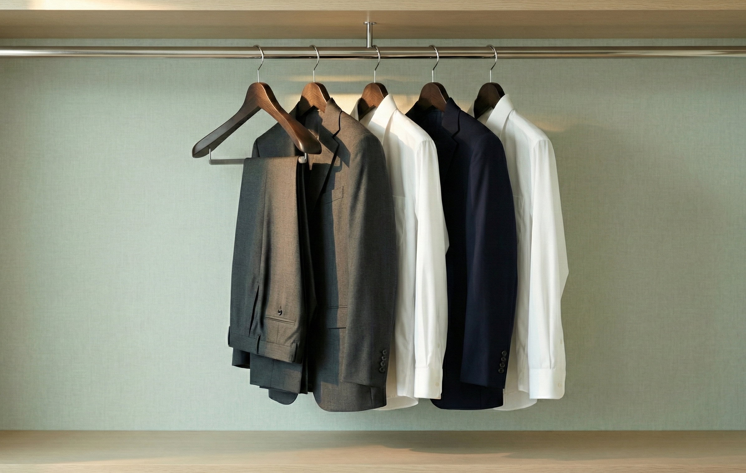 グレーバー SET-01を装着したクローゼット — スーツ5着が静かに並ぶ