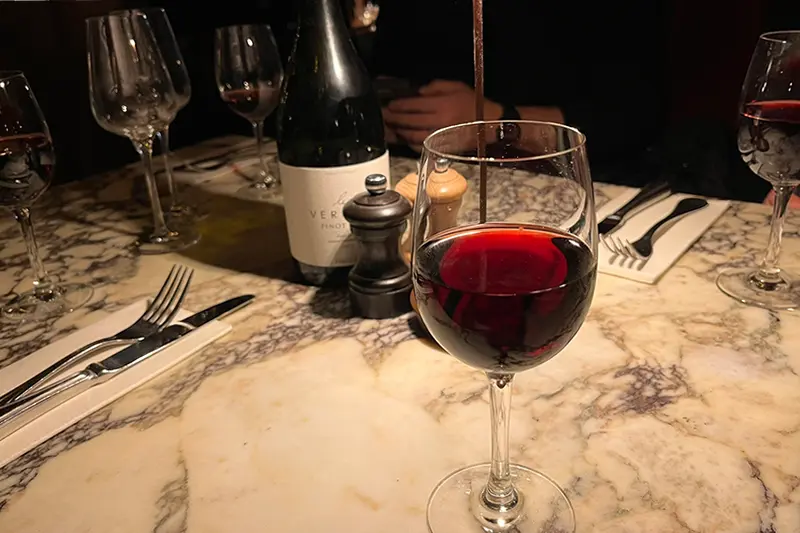 Wine and dinner at a French restaurant