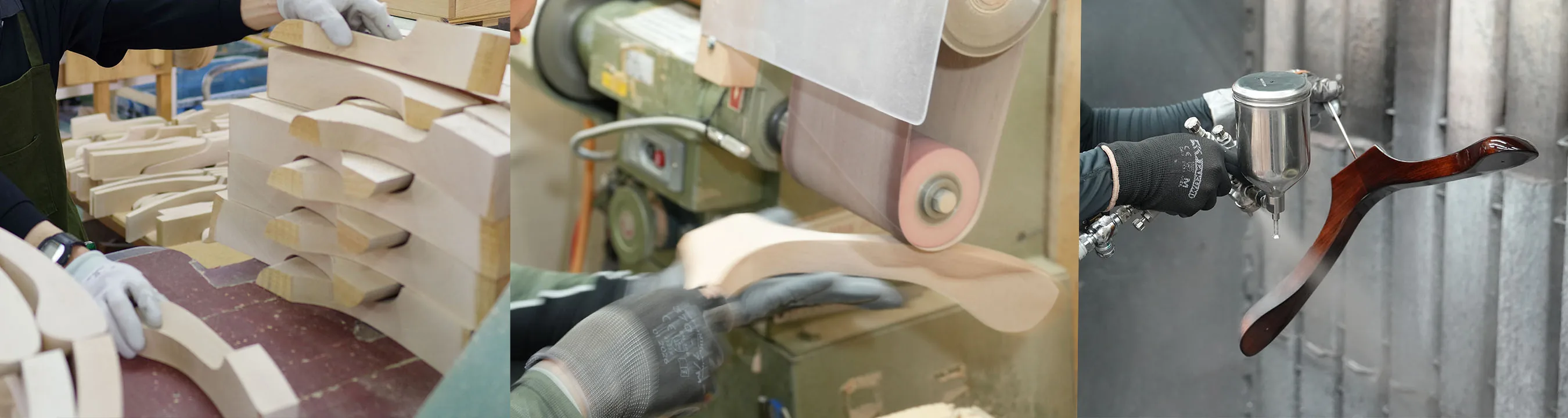 A craftsman shaping the wooden body of a hanger, a craftsman sanding it, and a craftsman spraying the finish