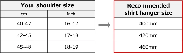 Size chart recommending shirt hanger size based on shoulder size in centimeters and inches.
