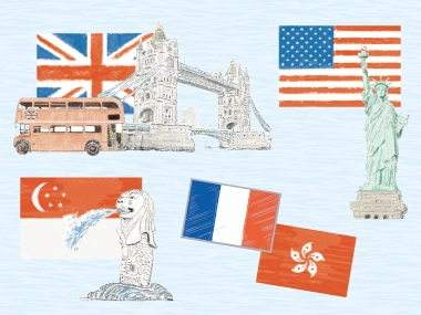 イギリス、アメリカ、シンガポール、フランス、香港など世界各国の国旗と建物のイラスト