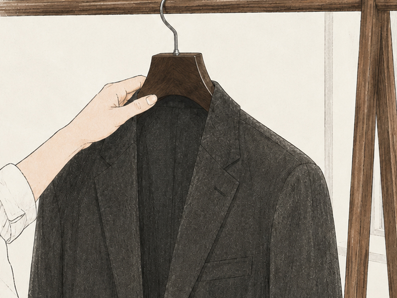 天然木ハンガーにスーツを預けるイラスト